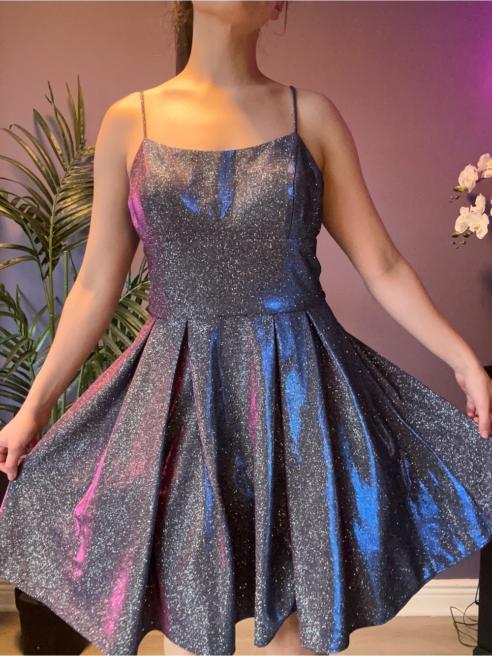 Girls Sparkle Dark Navy Party Dress with Spaghetti Straps